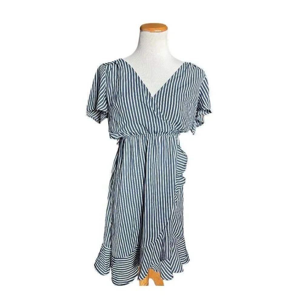 Womens Naif Navy Blue Stripe Wrap Elastic Waist Ruffle Hem Dress - Sz S